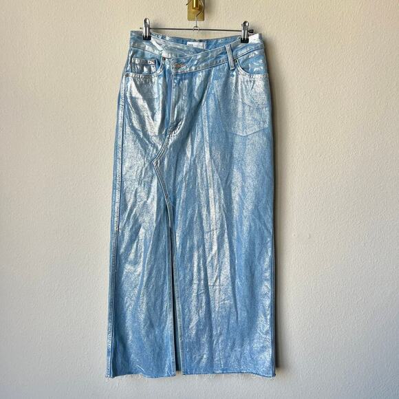 ZARA Metallic Blue Denim Asymmetrical Maxi Skirt Size XS - Picture 2 of 5